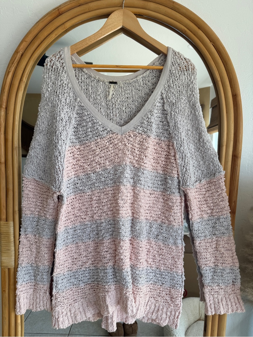 Free People Striped V-Neck Sweater in Pink and Gray